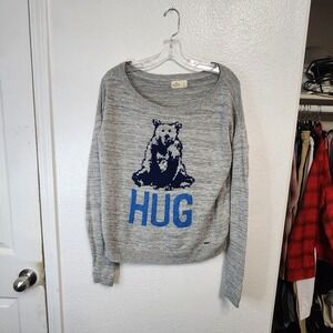 Hollister Women's Knit Sweater‎ Bear Hug Graphic Gray Long Sleeve Top